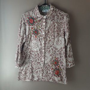 🌞 Bleu Bayou Cotton Floral Embroidered Button Up 3/4 Sleeve Top Size Small